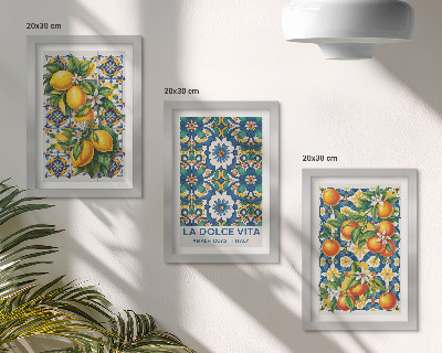 3 paveikslų rinkinys su rėmais Citrusinių vaisių ir spalvingų abstrakčių raštų plakatai