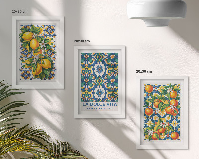 3 paveikslų rinkinys su rėmais Citrusinių vaisių ir spalvingų abstrakčių raštų plakatai