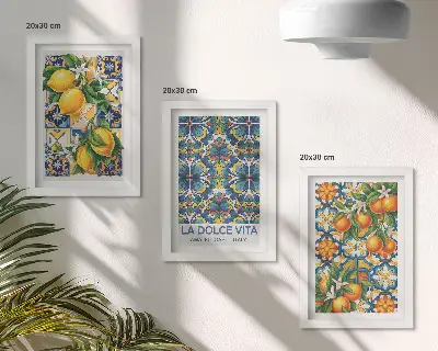 Citrinų ir apelsinų žiedų paveikslų rinkinys 3 paveikslai su rėmais ir spalvingais raštais