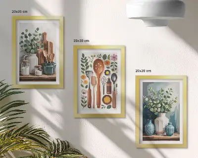 Įrėmintų paveikslų rinkinys virtuvės aksesuarai su augalų motyvais moderniu stiliumi