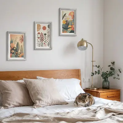 3 paveikslų rinkinys su rėmais boho stiliaus augalų raštų kompozicija šiltų atspalvių su natūraliu pojūčiu