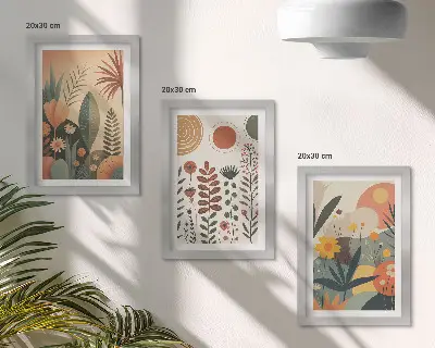 3 paveikslų rinkinys su rėmais boho stiliaus augalų raštų kompozicija šiltų atspalvių su natūraliu pojūčiu