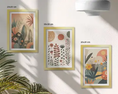 3 paveikslų rinkinys su rėmais boho stiliaus augalų raštų kompozicija šiltų atspalvių su natūraliu pojūčiu