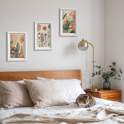 3 paveikslų rinkinys su rėmais Boho augalų raštai šiltuose atspalviuose su natūraliu pojūčiu