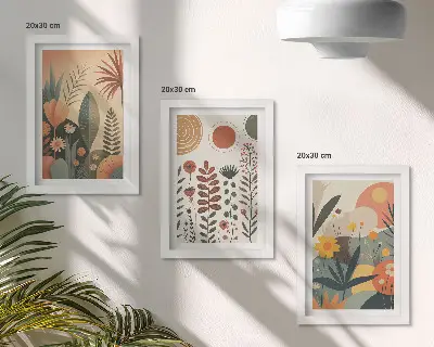 3 paveikslų rinkinys su rėmais boho stiliaus augalų raštų kompozicija šiltų atspalvių su natūraliu pojūčiu