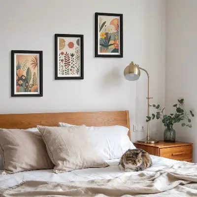3 paveikslų rinkinys su rėmais boho stiliaus augalų raštų kompozicija šiltų atspalvių su natūraliu pojūčiu