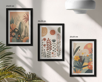 3 paveikslų rinkinys su rėmais Boho augalų raštai šiltuose atspalviuose su natūraliu pojūčiu