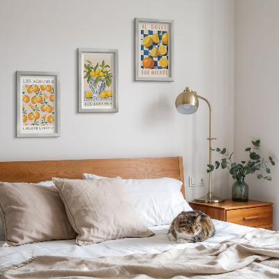 Įrėmintų paveikslų rinkinys Retro citrusiniai vaisiai su geltonais akcentais