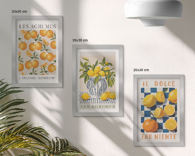 Įrėmintų paveikslų rinkinys Retro citrusiniai vaisiai su geltonais akcentais