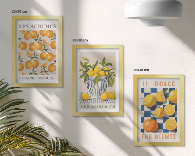 Įrėmintų paveikslų rinkinys Retro citrusiniai vaisiai su geltonais akcentais
