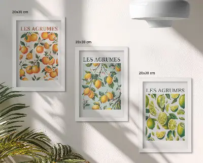 3 paveikslų rinkinys su rėmais citrusinių vaisių raštai pastelinėmis spalvomis