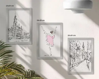 Įrėmintų paveikslų rinkinys stilingi šokančių balerinų ir architektūros motyvai