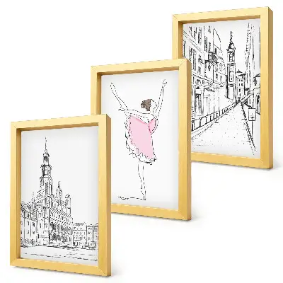 Įrėmintų paveikslų rinkinys stilingi šokančių balerinų ir architektūros motyvai