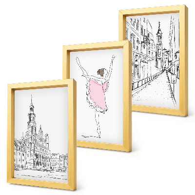 Įrėmintų paveikslų rinkinys Stilingi šokančių balerinų ir architektūros vaizdai