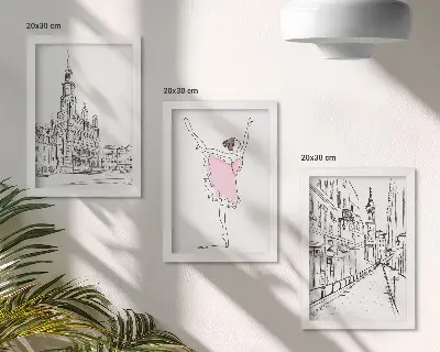 Įrėmintų paveikslų rinkinys stilingi šokančių balerinų ir architektūros motyvai