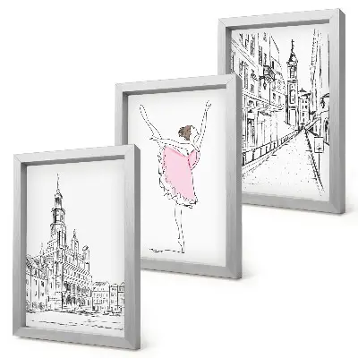 Įrėmintų paveikslų rinkinys stilingi šokančių balerinų ir architektūros motyvai