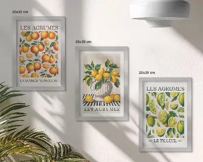 Įrėmintų paveikslų rinkinys su spalvingais ir šviežiais citrusinių vaisių motyvais