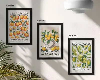 Įrėmintų paveikslų rinkinys su spalvingais ir šviežiais citrusinių vaisių motyvais
