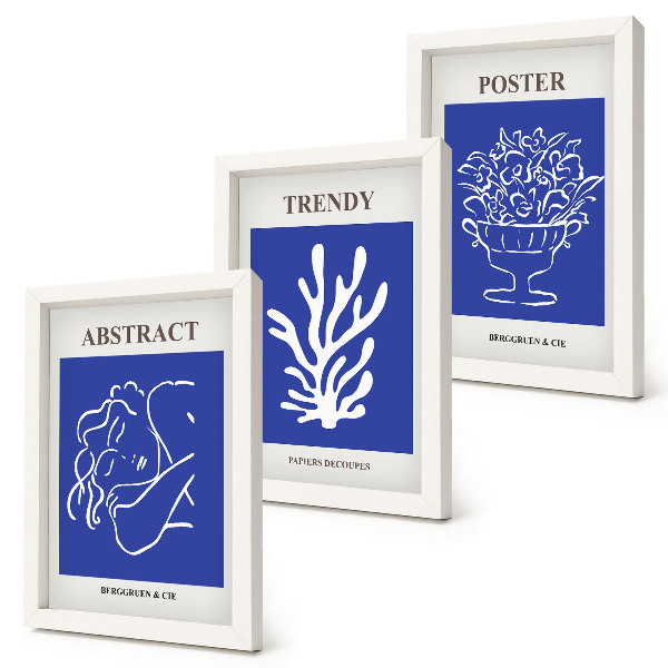 3 paveikslų rinkinys su rėmais Stilingi mėlyni Henri Matisse'o plakatai