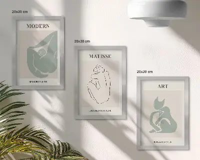 Įrėmintų paveikslų rinkinys abstrakčios pastelinių atspalvių figūros pagal Henri Matisse