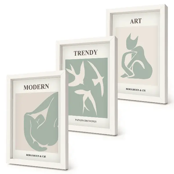 3 paveikslų rinkinys su rėmais abstrakčios Henri Matisse'o figūros prislopintomis spalvomis