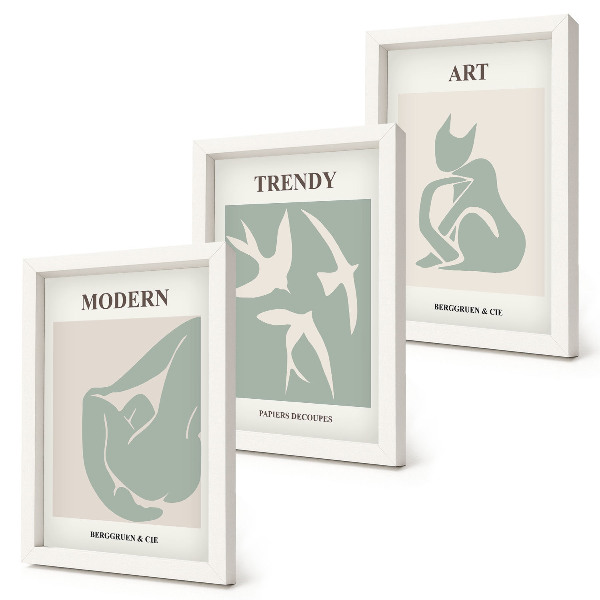 3 paveikslų rinkinys su rėmais Henri Matisse'o abstrakčios figūros prislopintose spalvose