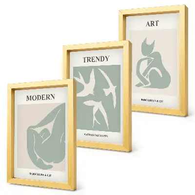 3 paveikslų rinkinys su rėmais abstrakčios Henri Matisse'o figūros prislopintomis spalvomis
