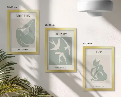3 paveikslų rinkinys su rėmais abstrakčios Henri Matisse'o figūros prislopintomis spalvomis