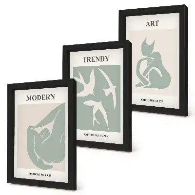 3 paveikslų rinkinys su rėmais abstrakčios Henri Matisse'o figūros prislopintomis spalvomis