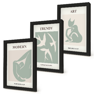 3 paveikslų rinkinys su rėmais Henri Matisse'o abstrakčios figūros prislopintose spalvose