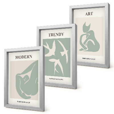 3 paveikslų rinkinys su rėmais Henri Matisse'o abstrakčios figūros prislopintose spalvose