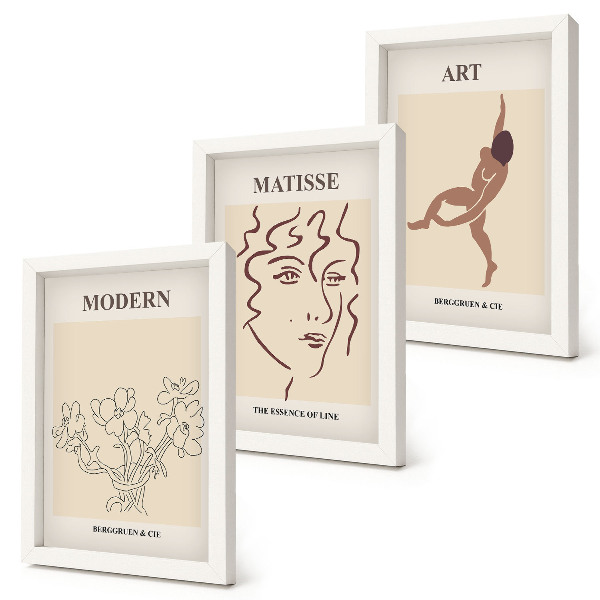 3 paveikslų rinkinys su rėmais Stilinga grafika su gėlėmis, veidais ir žmonių figūromis