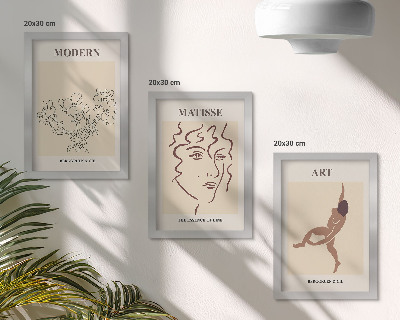 3 paveikslų rinkinys su rėmais Stilinga grafika su gėlėmis, veidais ir žmonių figūromis