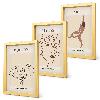 3 paveikslų rinkinys su rėmais Stilinga grafika su gėlėmis, veidais ir žmonių figūromis