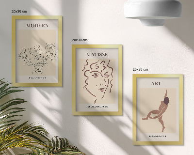 3 paveikslų rinkinys su rėmais Stilinga grafika su gėlėmis, veidais ir žmonių figūromis