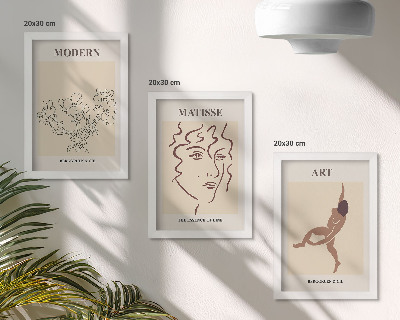 3 paveikslų rinkinys su rėmais Stilinga grafika su gėlėmis, veidais ir žmonių figūromis