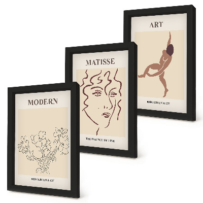 3 paveikslų rinkinys su rėmais Stilinga grafika su gėlėmis, veidais ir žmonių figūromis