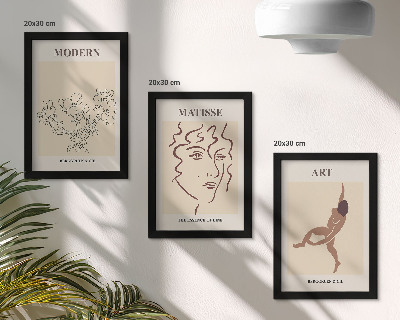 3 paveikslų rinkinys su rėmais Stilinga grafika su gėlėmis, veidais ir žmonių figūromis