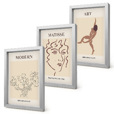 3 paveikslų rinkinys su rėmais Stilinga grafika su gėlėmis, veidais ir žmonių figūromis