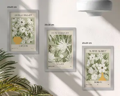 3 paveikslų rinkinys su rėmais gėlių plakatų dizainas Londone, Tokijuje ir Dubline