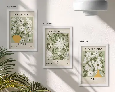 3 paveikslų rinkinys su rėmais gėlių plakatų dizainas Londone, Tokijuje ir Dubline