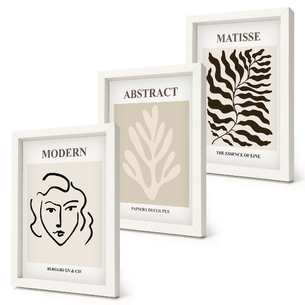 3 paveikslų rinkinys su rėmais Henri Matisse'o grafikos iliustracijos su veidu ir lapais
