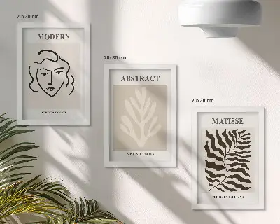 Henri Matisse grafikos iliustracijos su veidu ir lapais 3 paveikslų rinkinys su rėmais
