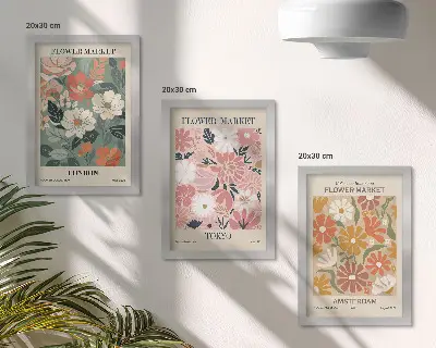 Įrėmintų paveikslų rinkinys gėlių raštų Londono, Tokijo ir Amsterdamo plakatai