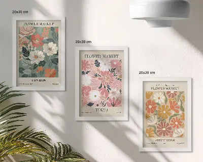 Įrėmintų paveikslų rinkinys gėlių raštų Londono, Tokijo ir Amsterdamo plakatai