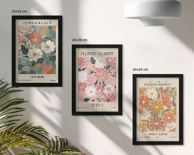 Įrėmintų paveikslų rinkinys gėlių raštų Londono, Tokijo ir Amsterdamo plakatai