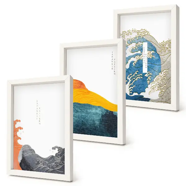 Įrėmintų paveikslų rinkinys japonų grafikos stiliaus bangos