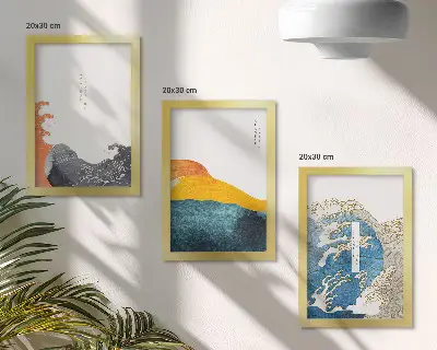 Įrėmintų paveikslų rinkinys japonų grafikos stiliaus bangos