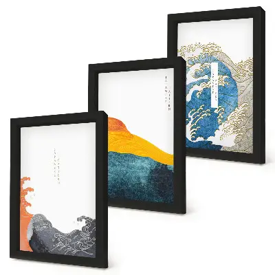 Įrėmintų paveikslų rinkinys japonų grafikos stiliaus bangos