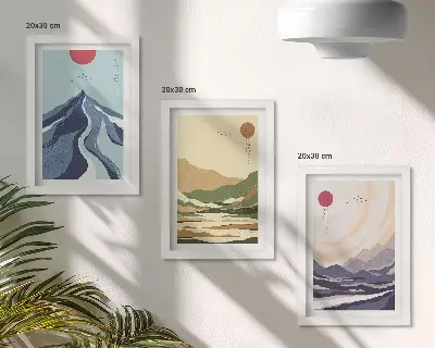 Įrėmintų paveikslų rinkinys kalnų motyvai pastelinėmis spalvomis japonišku stiliumi